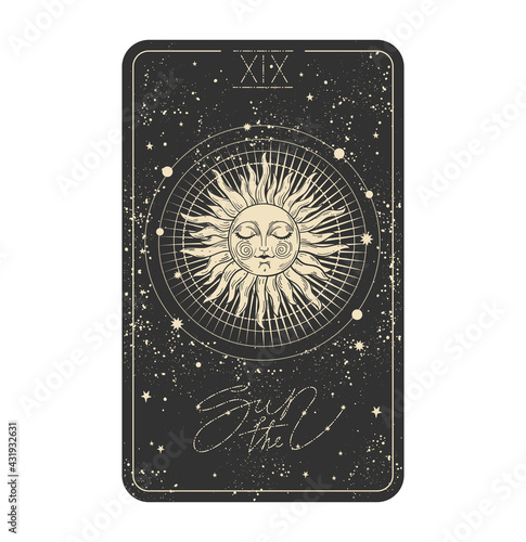 The sun Tarot card icon, sun with a face on a black cosmic background with stars. Major arcana for divination witch, aesthetic hand drawn illustration in vintage design. Vector isolated on white
