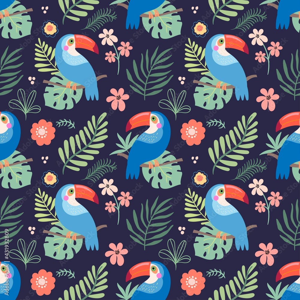 Fototapeta premium Tropical seamless pattern with colorful toucans and leaves 