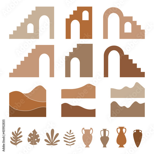 Abstract set of oriental buildings, desert landscape, vases, leaves.