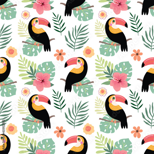 Summer seamless pattern with toucans and hibiscus, tropical design