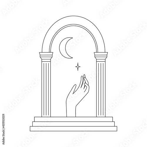 Abstract composition with moon, arch, columns, stairs, hand.