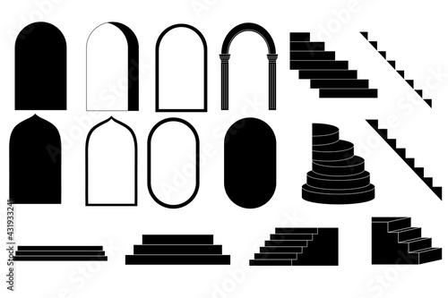 Set of arches and stairs silhouettes.