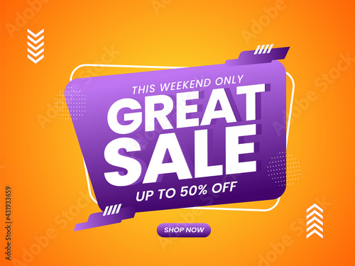 UP TO 50% Off For Great Sale Poster Design In Purple And Orange Color.