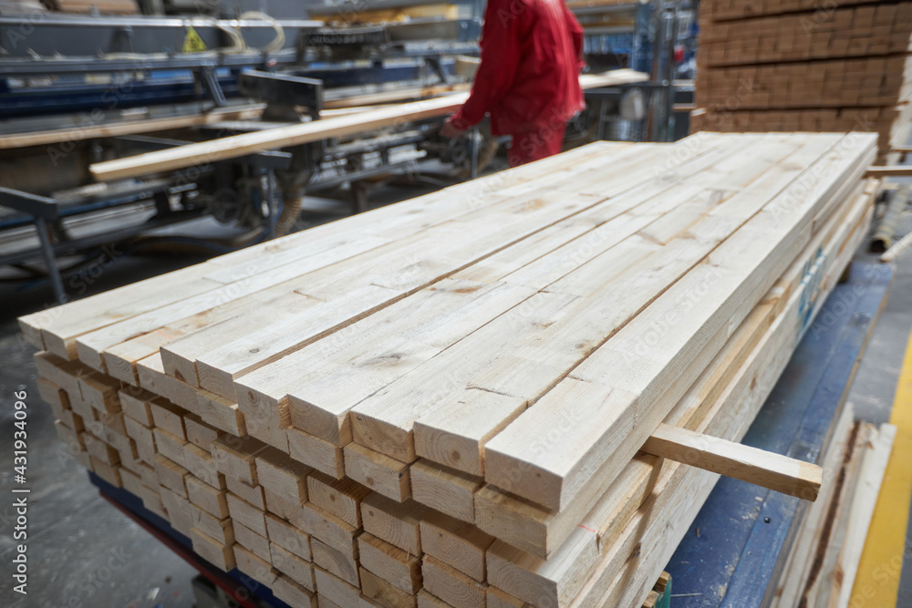 Carpentry factory. Automated equipment for laminate production. Modern robotic factory indoors. Woodworking production