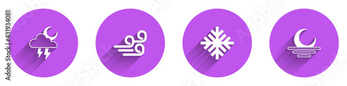 Set Storm, Windy weather, Snowflake and Sunset icon with long shadow. Vector
