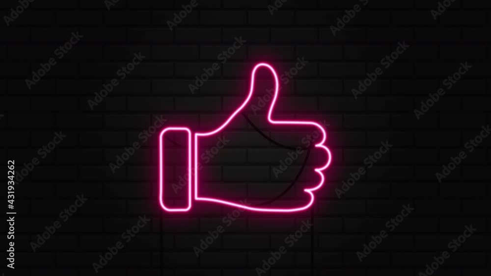 Glowing neon like. Neon thumbs up, neon light, flashing neon, brick wall, like. 4K video. Glowing neon like. Neon thumbs up, neon light, flashing neon, brick wall, like. 4K video.