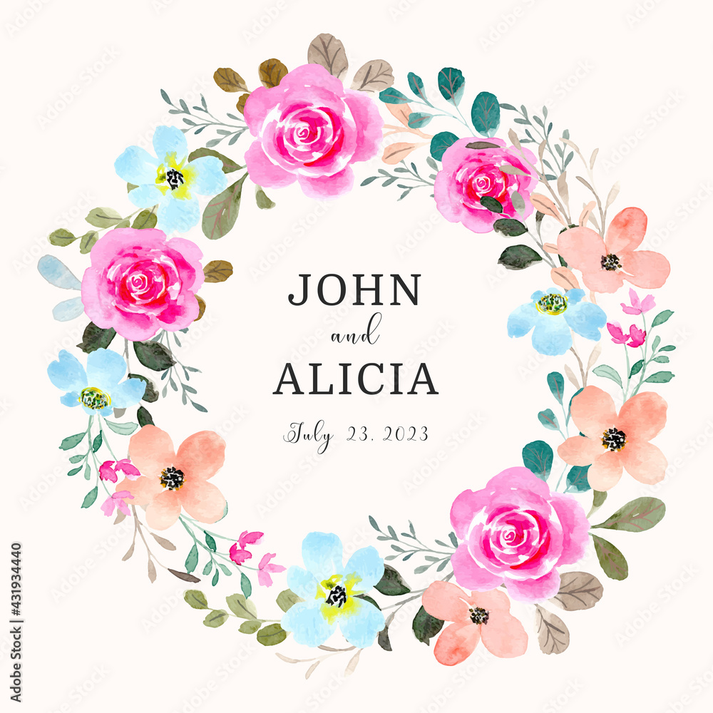 Save the date. Pink rose floral wreath with watercolor