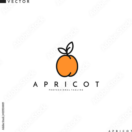 Apricot logo template. Line art. Isolated fruit with leaves on white background
