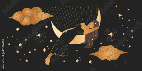 Celestial African American woman sacred astrology feminine boho esoteric golden and black black art. Girl sleeping on the moon. Star magic golden vector.