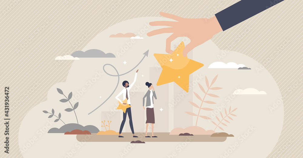 Encouragement with career raise and motivational reward tiny person concept. Work development and boss appreciation with symbolic star as bonus or salary increase vector illustration. Confidence boost