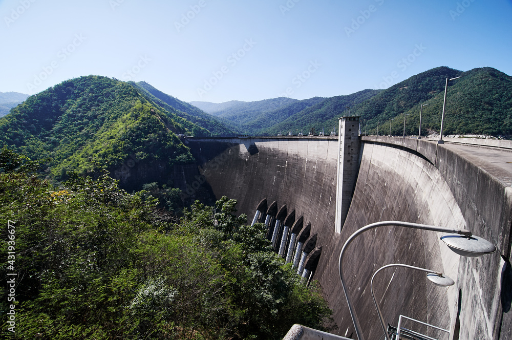 The electric energy from water. The Bhumibol Dam(formerly known as the Yanhi Dam) in Thailand. The dam is situated on the Ping River.