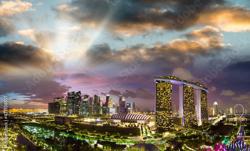 Sunset aerial view of Singapore from drone, view from Gardens By The Bay photo