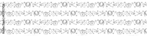 Seamless pattern with outline flowers and garden equipments: watering can, rake, hoe, gloves, pruner, hose for irrigation. Vector backgrounds and textures with tools gardening in doodle style