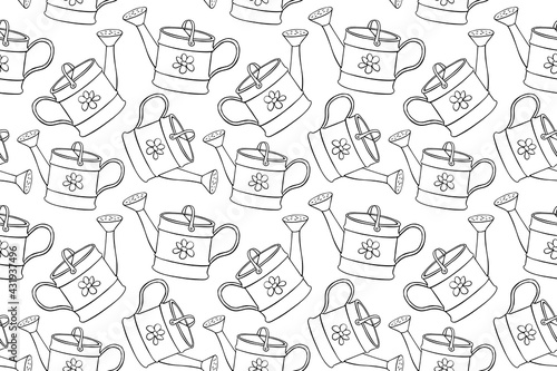 Seamless pattern with watering cans. Hand drawn outline vector background and texture in doodle style, isolated. Gardening tools for working in the garden, on the farm, in the dacha, country site