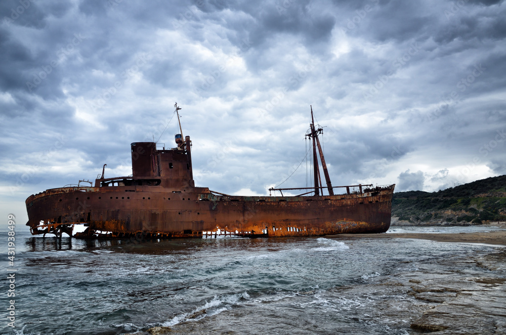 Dimitrios is an old ship wrecked on the Greek coast and abandoned on the beach Dimitrios is an old ship wrecked on the Greek coast and abandoned on the beach