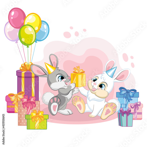 Vector illustration cartoon rabbits with present boxes and balloons © alinart