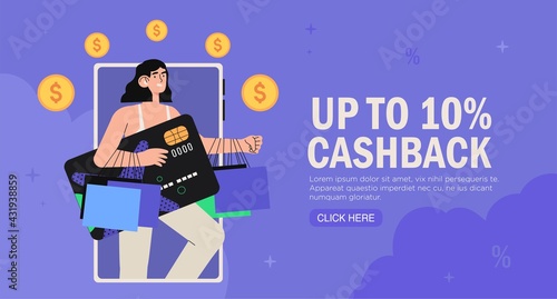 Online payment or money refund program vector illustration concept. Woman get cashback for purchase in shop or store. Online banking. Save money or shopping through mobile app. E-comerce web banner.