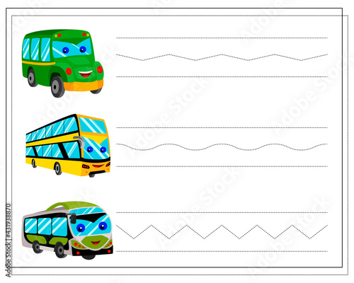Handwriting practice sheet. restore the dotted line, a cartoon bus with eyes and a smile of green and yellow color.