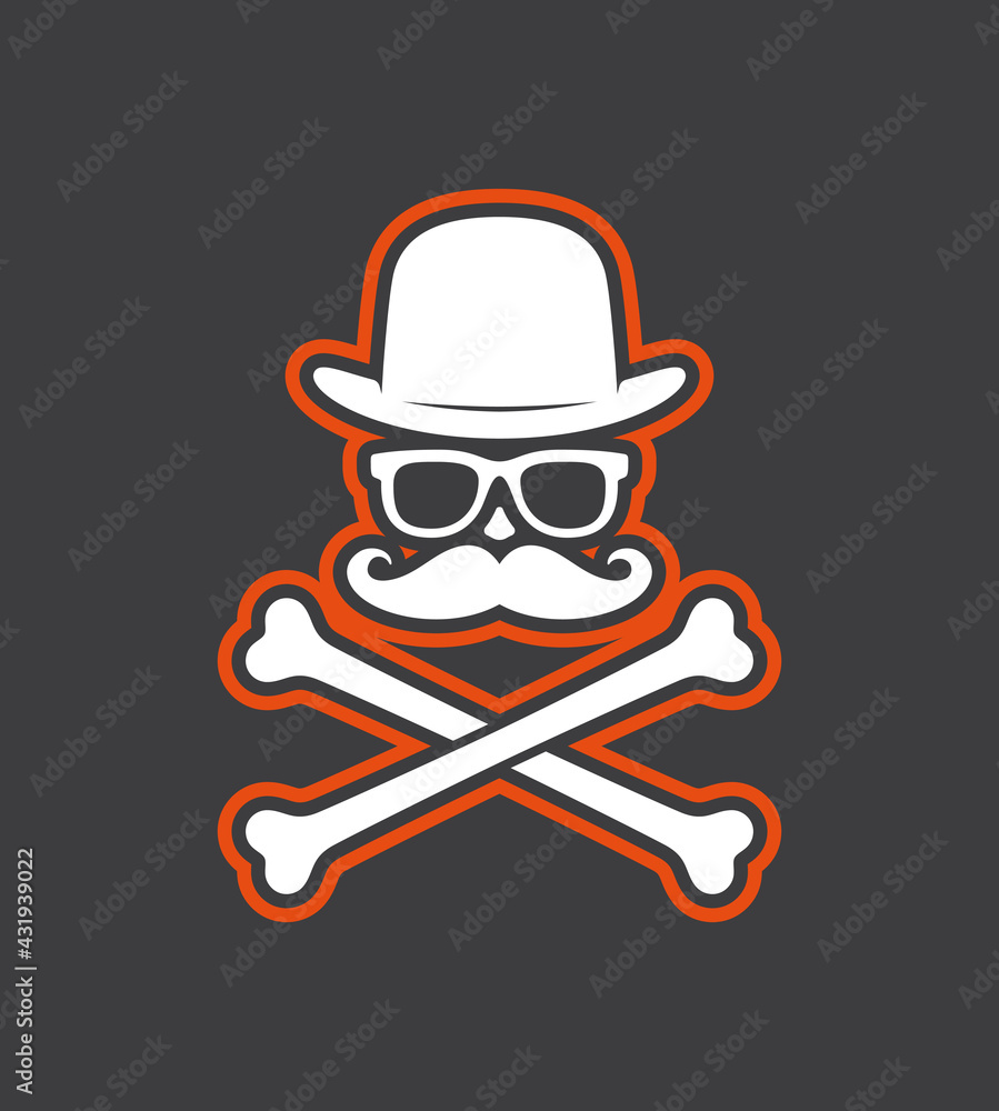 Vector black sticker symbol gentleman with crosbone. Hat, glasses, mustache. Isolated on black background. Vector black sticker symbol gentleman with crosbone. Hat, glasses, mustache. Isolated on black background.