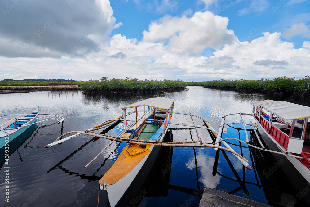 Beautiful landscape with traditional fishing boatss in mangrove lagoon, Siargao Island, Philippines.