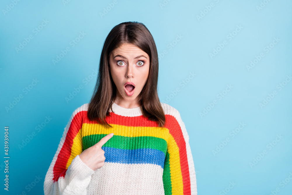 Photo of impressed pretty lady open mouth staring camera finger indicate self isolated on blue color background Photo of impressed pretty lady open mouth staring camera finger indicate self isolated on blue color background