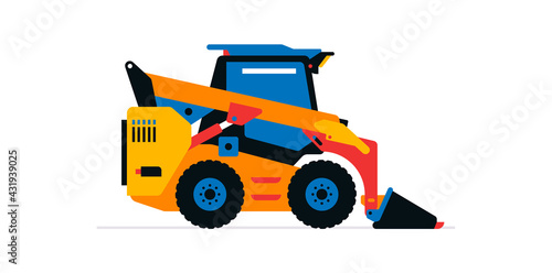 Construction machinery, compact excavator, loader, mini tractor. Commercial vehicles for work on the construction site. Vector illustration isolated on white background