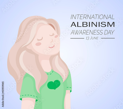 International Albinism awareness day  June 13 info poster. Young albino girl  stylized portrait of a woman with white hair and pale skin. Albino with hearts on blue background. Body positive art.