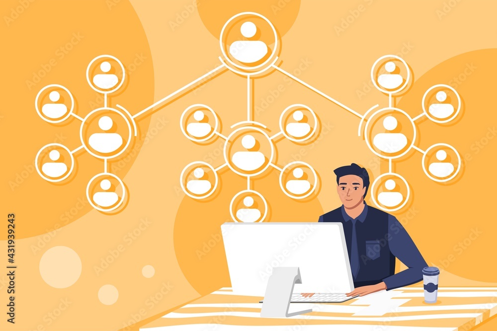 Human Resource Department or HRD Draw Up a Schematic Chart of Company or Government Hierarchy in Desktop Computer. Corporate Flat Vector Illustration. Human Resource Department or HRD Draw Up a Schematic Chart of Company or Government Hierarchy in Desktop Computer. Corporate Flat Vector Illustration.