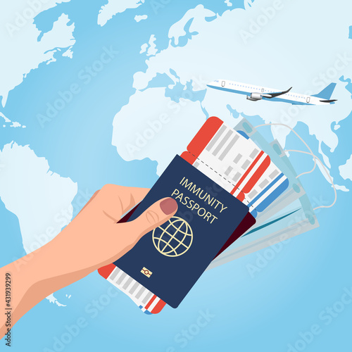 Post covid 19 travel concept, vaccination and immunity pass implementation. Airline boarding pass, protective face mask and a biometric passport. Vector illustration.