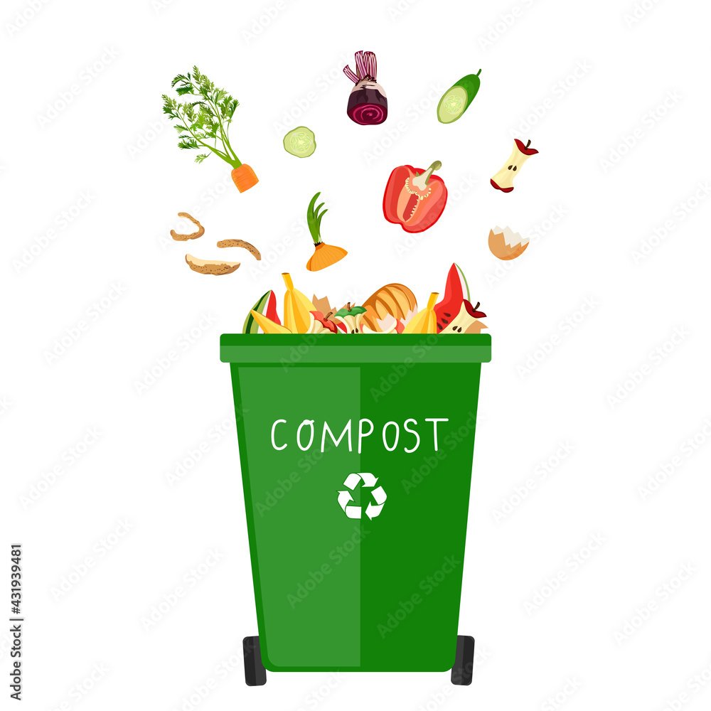Trash bin for composting with leftover from kitchen. Kitchen food waste.  Zero waste. Vector illustration. Stock Vector | Adobe Stock