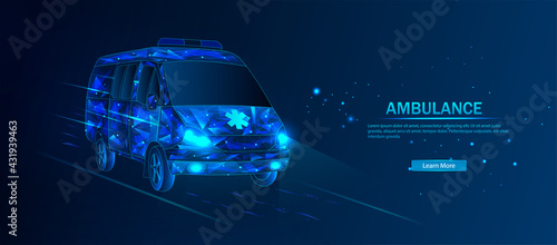 Ambulance. Fast delivery of the patient to the hospital. Ambulance low poly art illustration.Vehicle, transport delivery, concept of assistance, rescue. Vector illustration. Polygonal style