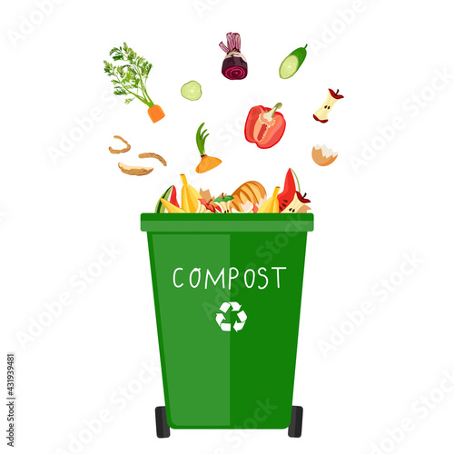 Trash bin for composting with leftover from kitchen. Kitchen food waste. Zero waste. Vector illustration.