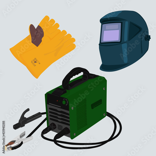 Welding machine,  welding gloves and welding mask isolated on gray background. Vector illustration.