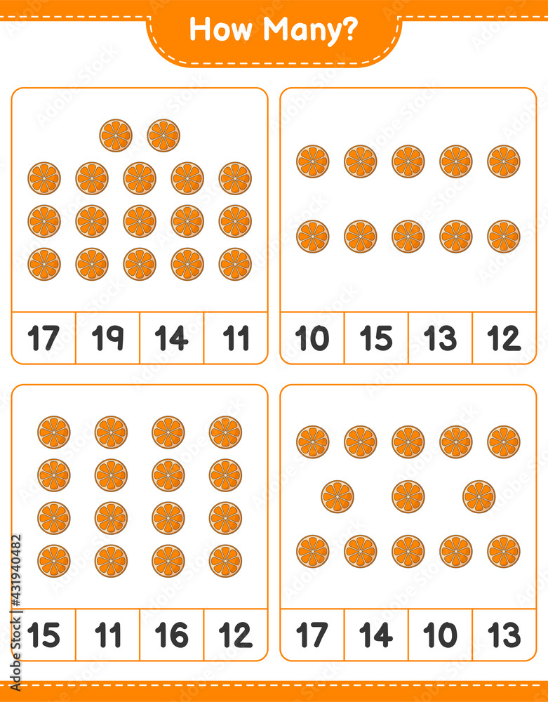 Counting game, how many Orange. Educational children game, printable worksheet, vector illustration