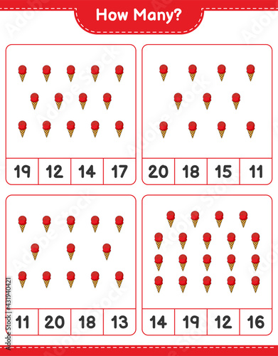 Counting game  how many Ice Cream. Educational children game  printable worksheet  vector illustration