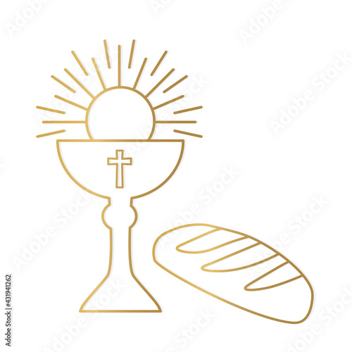 golden holy communion chalice and bread icon- vector illustration