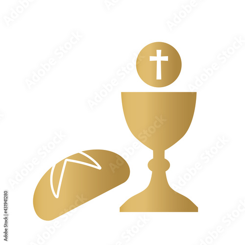 golden holy communion chalice and bread icon- vector illustration