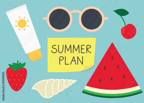 summer plan written on yellow sticky note- vector illustration