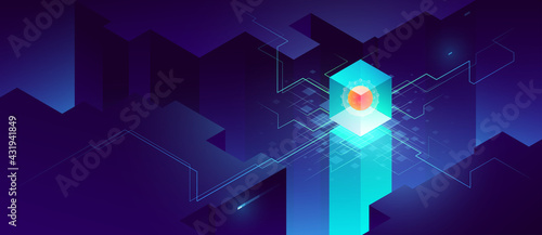 Isometric vector illustration of digital virus attack. Infection transmission. Digital virus spread