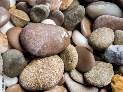 Multi-colored wet pebbles on the shore close-up. Various shapes of stones. Unusual stones. Macrocosm. Pebble background. Shore. Beach. Pebble texture