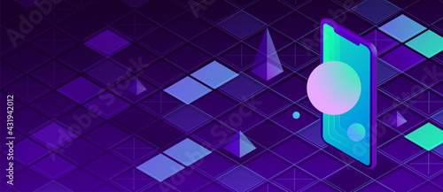 Simple isometric smartphone mockup. Modern geometric digital background