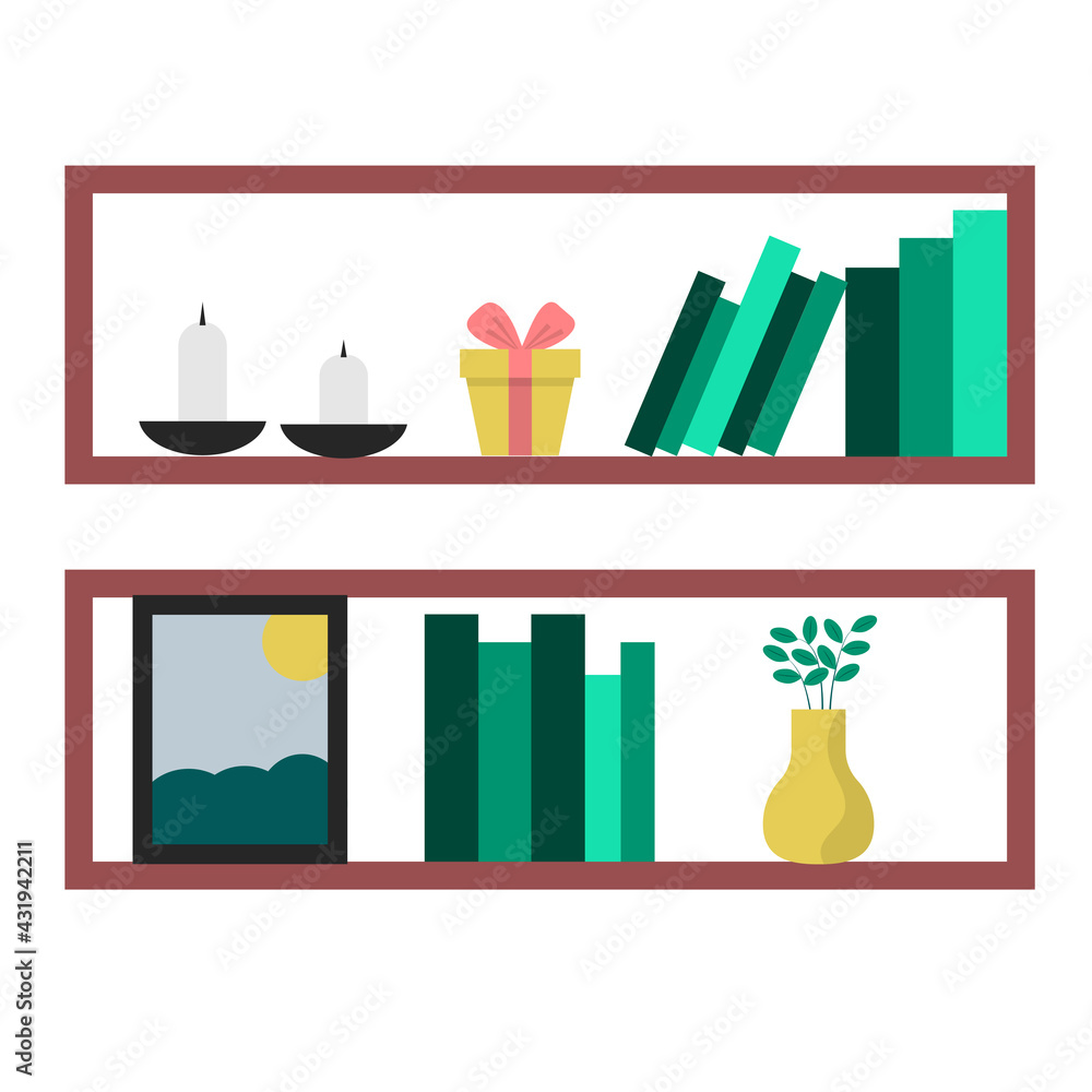 Wall shelves for a living room interior with vase with a branch, books, candles, gift and picture. Vector flat illustration. Wall shelves for a living room interior with vase with a branch, books, candles, gift and picture. Vector flat illustration.