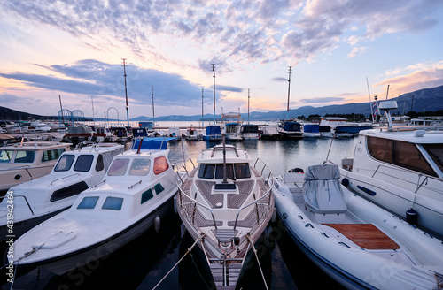 Marina harbour with beautiful white yachts in Split, Croatia.