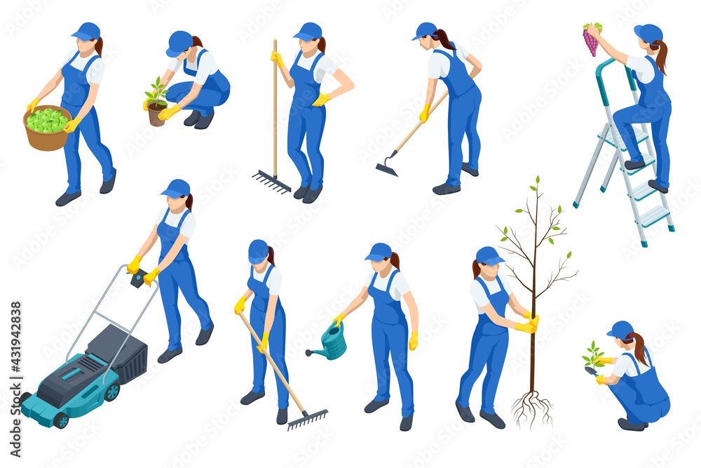 Isometric isolated icons of woman working on farm, in garden. Woman harvests, plants a tree and seedlings, water, carries a basket of crops Isometric isolated icons of woman working on farm, in garden. Woman harvests, plants a tree and seedlings, water, carries a basket of crops