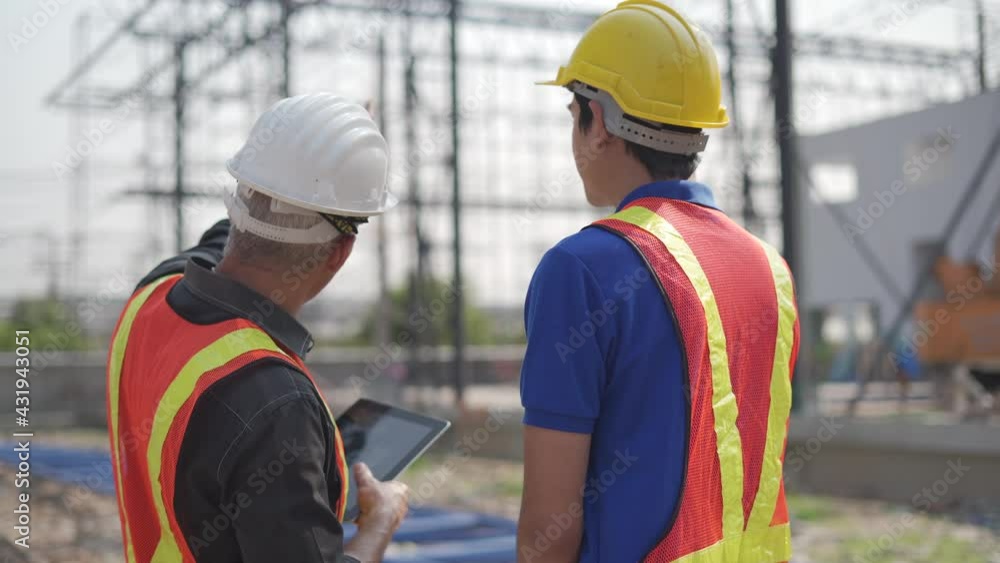 back view of senior contractor manager talking to young asian builder with digital tablet at construction site outdoors . group of diversity construction worker in hard hat meeting outside back view of senior contractor manager talking to young asian builder with digital tablet at construction site outdoors . group of diversity construction worker in hard hat meeting outside