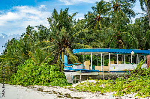 Tropical pristine beach with coconut palm and turquoise water, Caribbian island travel destination photo