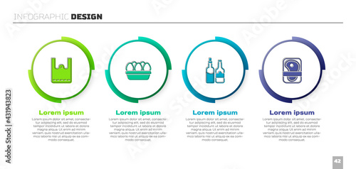 Set Paper shopping bag, Chicken egg box, Whiskey bottle and Meat packaging steak. Business infographic template. Vector