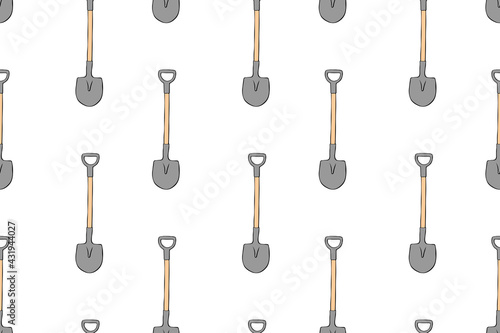 Seamless pattern with garden shovels, spades, scoops. Vector backgrounds and textures with tools for working on the farm, in dacha, country site in flat doodle style. Hand drawn isolated illustration