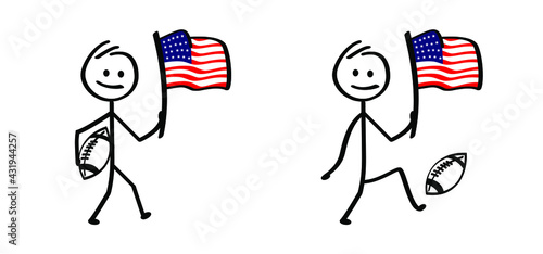 Cartoon stickman with the flag of USA and rugby ball. American football. Stick figure man with rugby ball,  super bow. Funny vector sport icon. Sport finale or school game cup. 