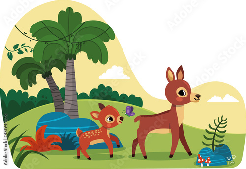 A baby and a mother deer on a walk in the nature. Vector illustration.